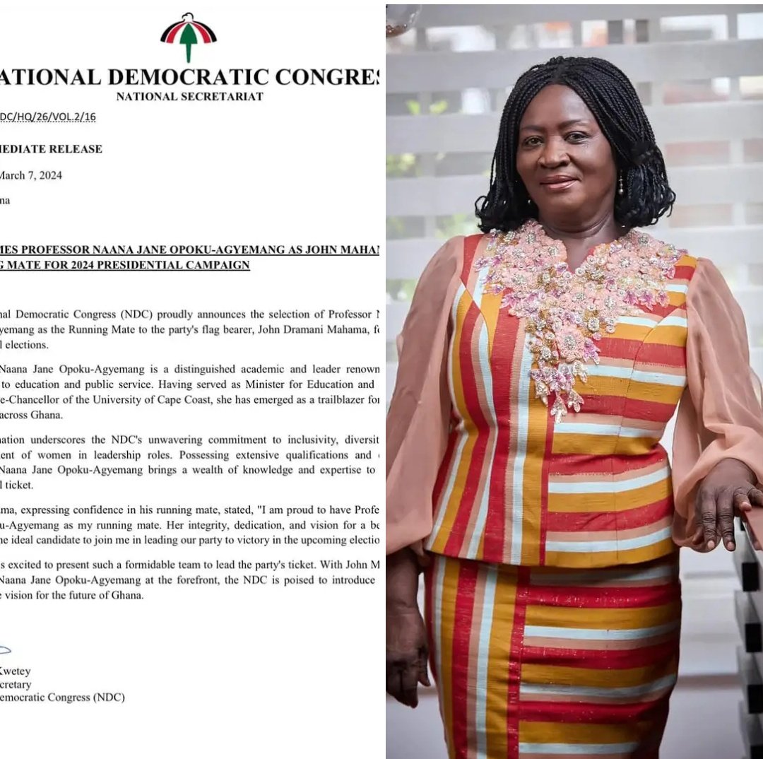 Confirmed NDC Names Prof. OpokuAgyemang As Mahama's Running Mate For